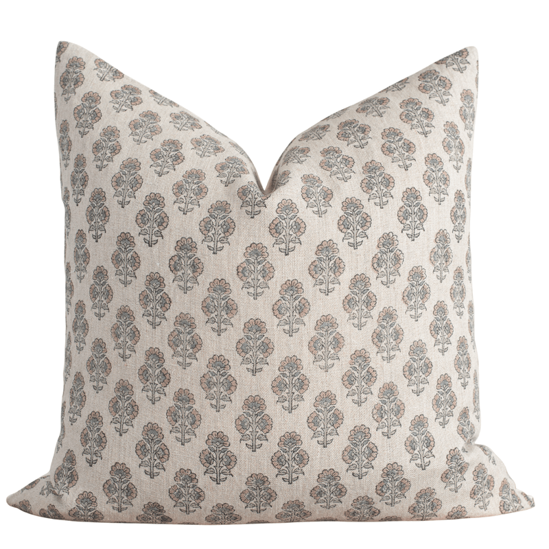 Calla Floral Block Printed Pillow Cover | Light Brown, Blue, Sage Green