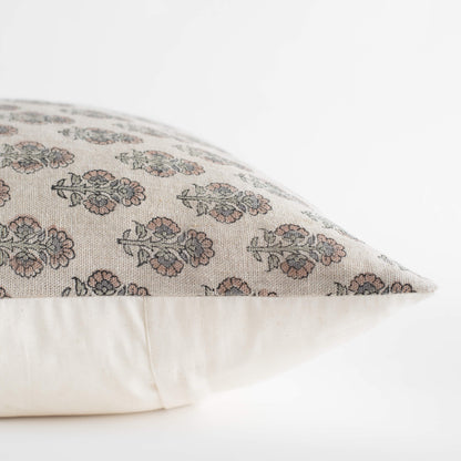 Calla Floral Block Printed Pillow Cover | Light Brown, Blue, Sage Green