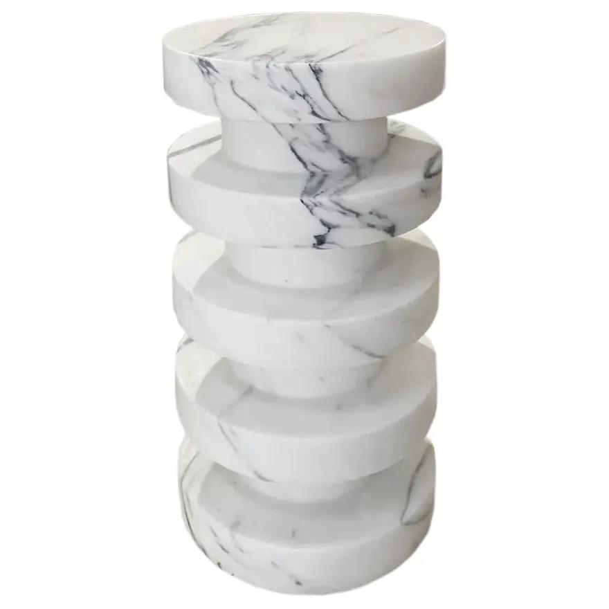 Sculptural White Turkish Marble Polished Designer Accent Side Table 12x12x24 Inches