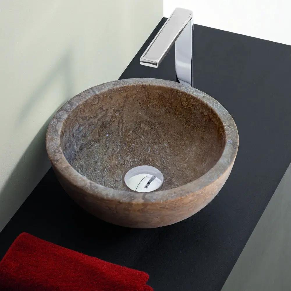 Handcrafted Round Brown Travertine Stone Vessel Sink 12.5