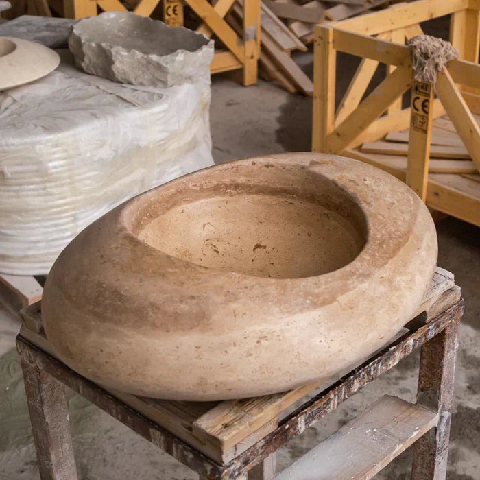 Noce Travertine Natural Stone Kayak Design Above Vanity Bathroom Vessel Sink (W)16" (L)23" (H)6" - In Stock