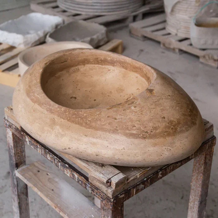 Noce Travertine Natural Stone Kayak Design Above Vanity Bathroom Vessel Sink (W)16" (L)23" (H)6" - In Stock