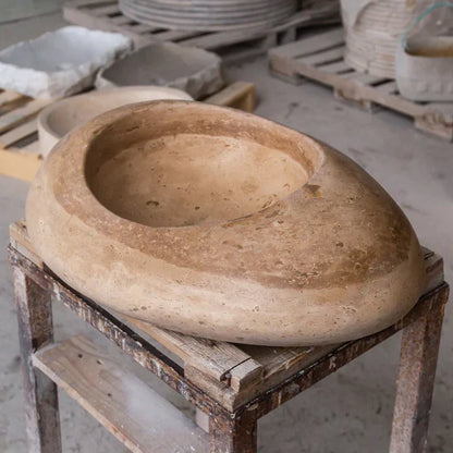 Noce Travertine Natural Stone Kayak Design Above Vanity Bathroom Vessel Sink (W)16" (L)23" (H)6" - In Stock