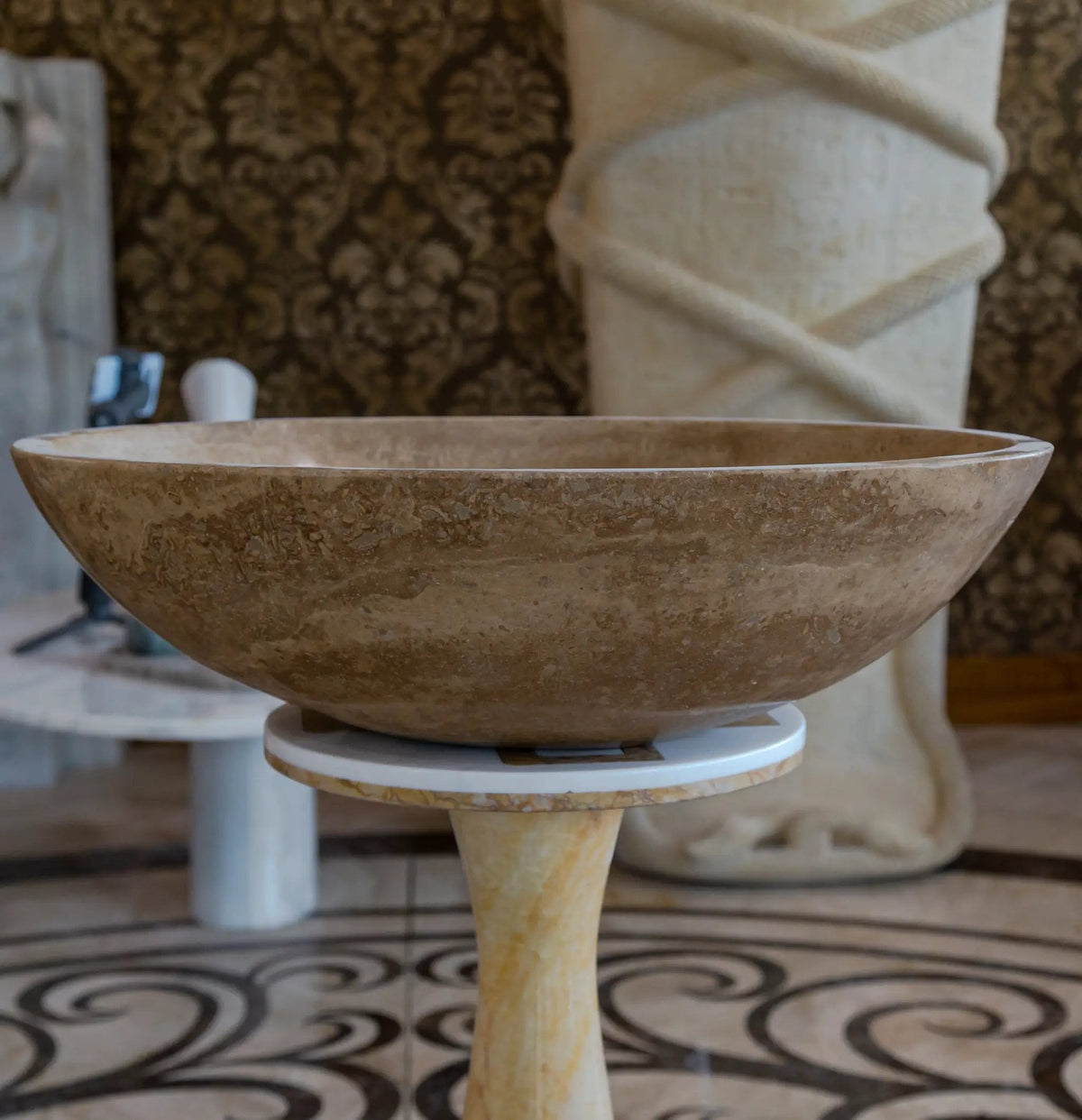 Noce Brown Travertine Oval Vessel Sink 16x21 Inches Handcrafted