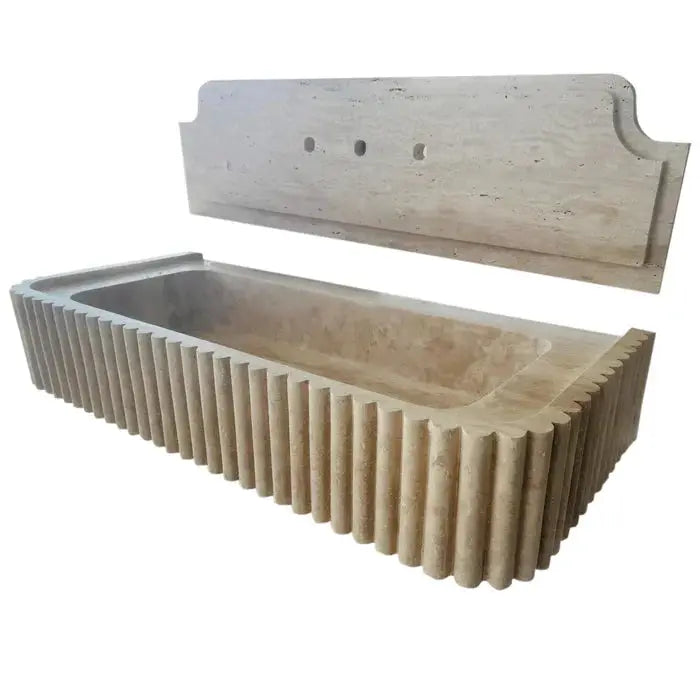 Beige Fluted Travertine Wall-Mount Vanity Sink 16x36 Inch Stone