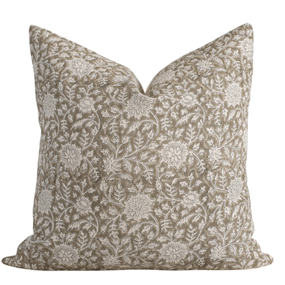 Leila Floral Block Printed Pillow Cover | Olive Green