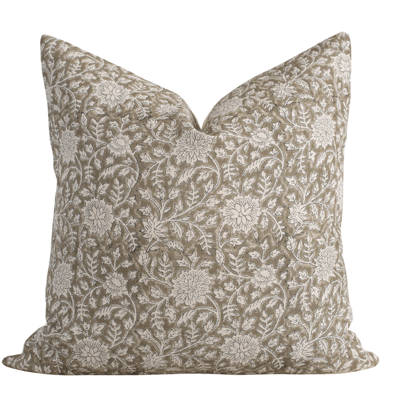 Leila Floral Block Printed Pillow Cover | Olive Green