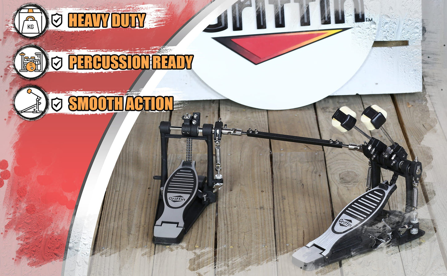 Deluxe Double Kick Drum Pedal for Bass Drum by GRIFFIN | Twin Set Foot Pedal | Quad Sided Beater Heads | Dual Pedal Two Chain Drive Percussion Hardware | Impressive Response for Metal & Rock Drummers