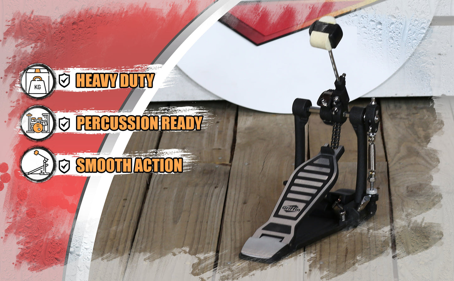 Single Kick Bass Drum Pedal by GRIFFIN - Deluxe Double Chain Foot Percussion Hardware for Intense Play - 4 Sided Beater & Adjustable Power Cam System