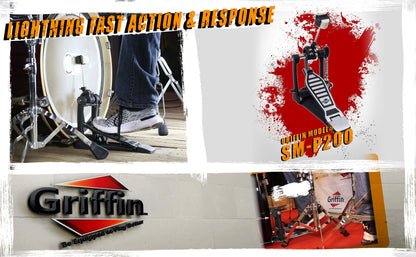 Single Kick Bass Drum Pedal by GRIFFIN - Deluxe Double Chain Foot Percussion Hardware for Intense Play - 4 Sided Beater & Adjustable Power Cam System