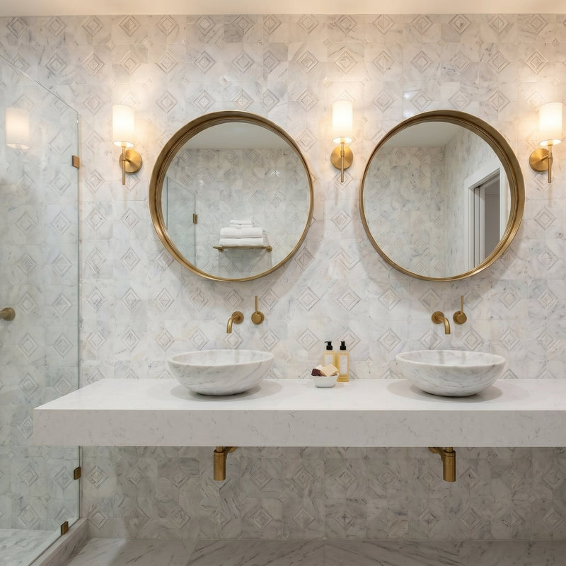 Palia White Dolomite Dimensional Mosaic Tile Stella Design on 12" x 12" Mesh
