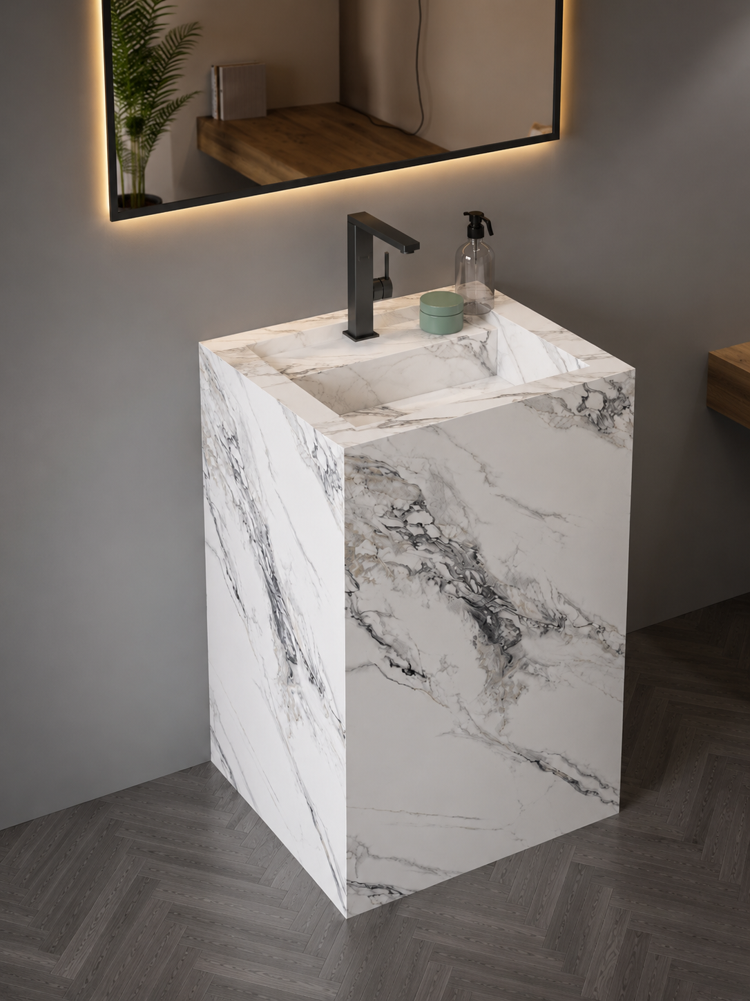 Antique Statuarioo Luxury Marble-Look Freestanding Bathroom Sink, Monolithic Pedestal Column – NACS Collection