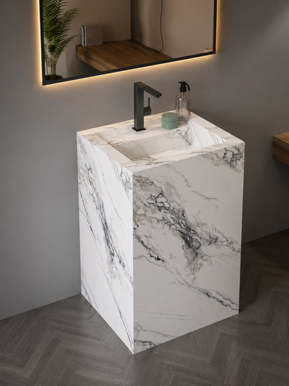 Antique Statuarioo Luxury Marble-Look Freestanding Bathroom Sink, Monolithic Pedestal Column – NACS Collection