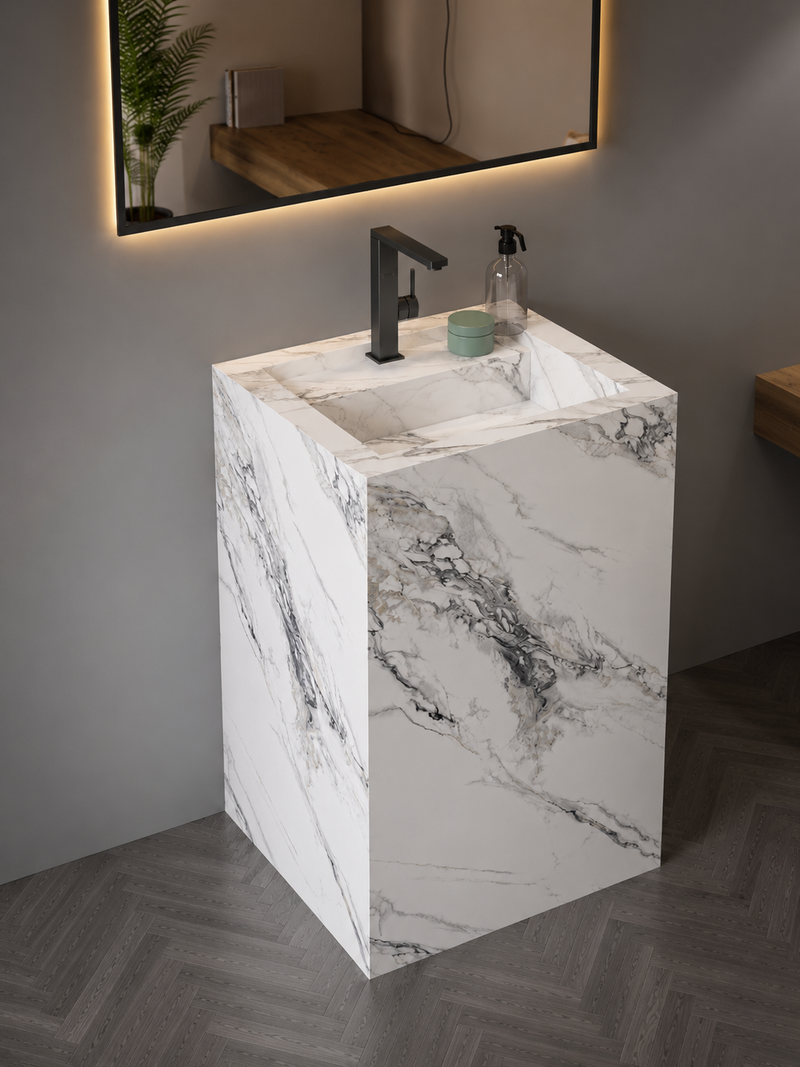 Antique Statuarioo Luxury Marble-Look Freestanding Bathroom Sink, Monolithic Pedestal Column – NACS Collection
