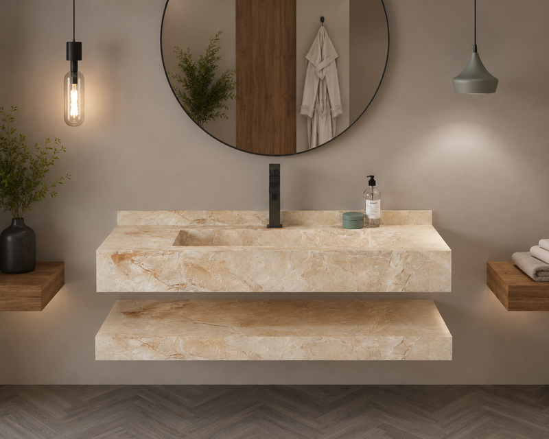 Aspire Beige Luxury Stone-Look Freestanding Bathroom Sink, Minimalist Tapered Pedestal Column – NACS Collection
