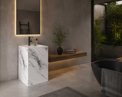 Antique Statuarioo Luxury Marble-Look Freestanding Bathroom Sink, Monolithic Pedestal Column – NACS Collection