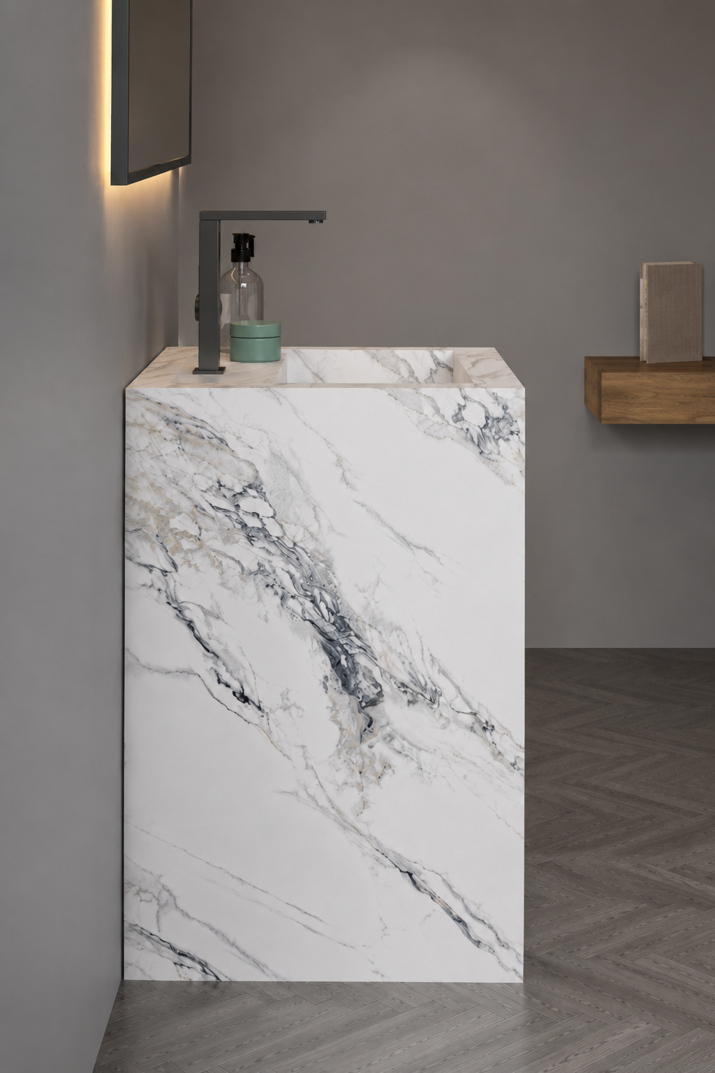 Antique Statuarioo Luxury Marble-Look Freestanding Bathroom Sink, Monolithic Pedestal Column – NACS Collection