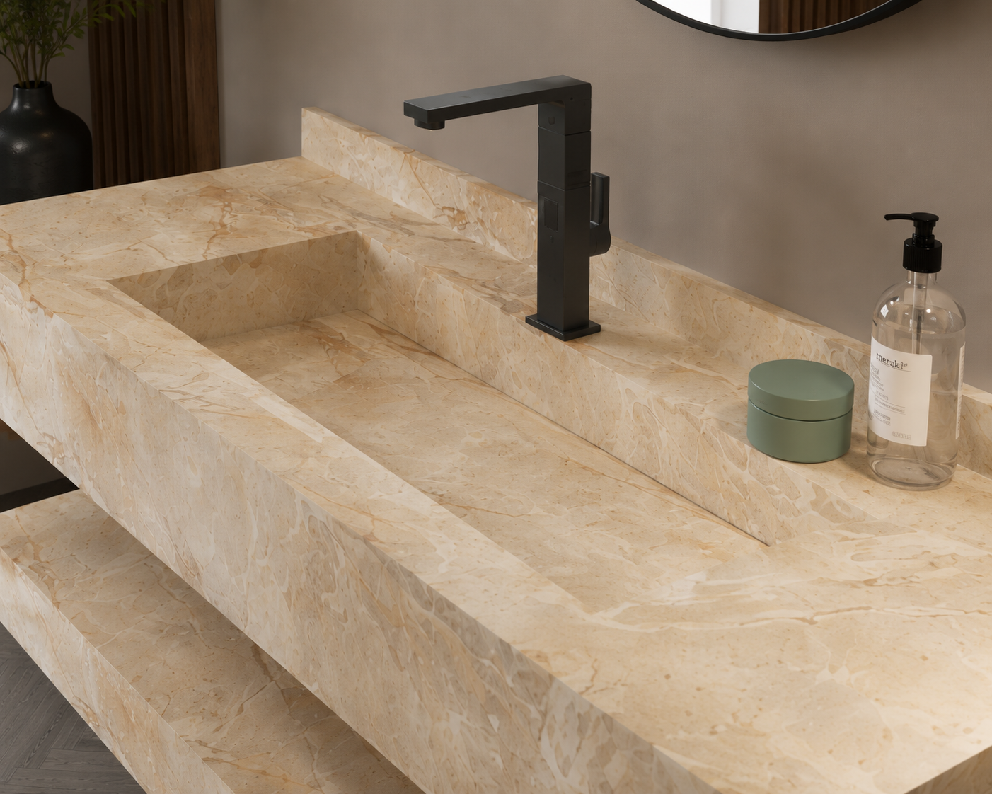 Aspire Beige Luxury Stone-Look Freestanding Bathroom Sink, Minimalist Tapered Pedestal Column – NACS Collection