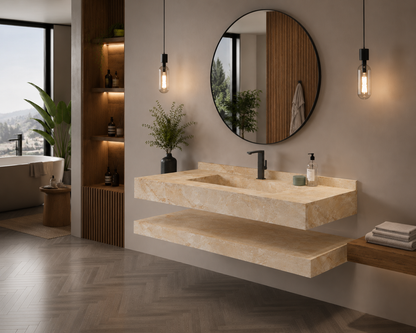 Aspire Beige Luxury Stone-Look Freestanding Bathroom Sink, Minimalist Tapered Pedestal Column – NACS Collection