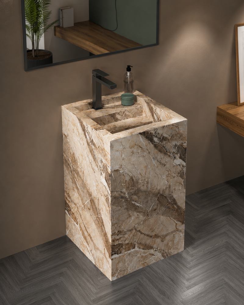 Luxury Travertine-Look Textured Solid Surface Freestanding Bathroom Sink, Modern Cylindrical Pedestal Column – NACS Collection