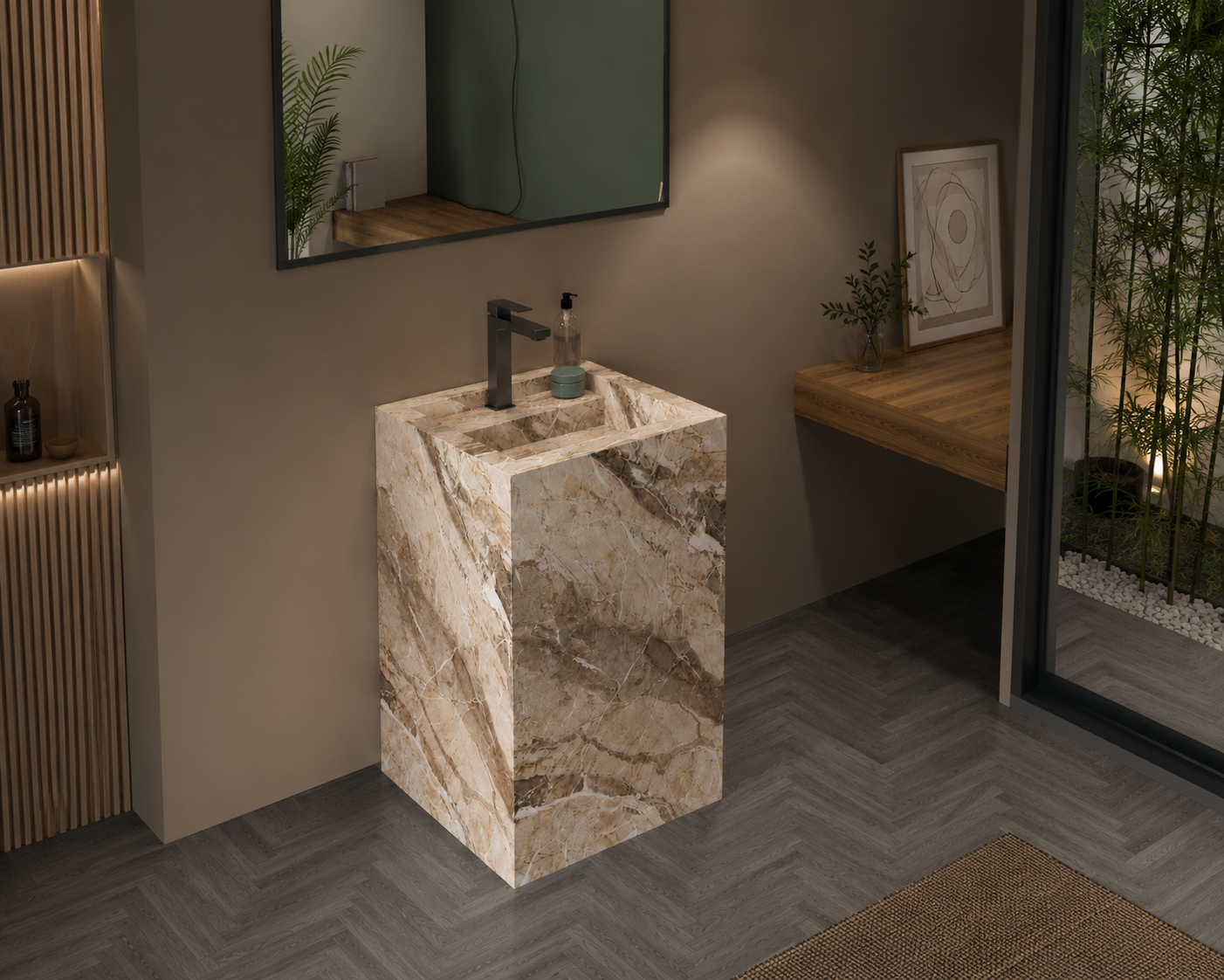 Luxury Travertine-Look Textured Solid Surface Freestanding Bathroom Sink, Modern Cylindrical Pedestal Column – NACS Collection