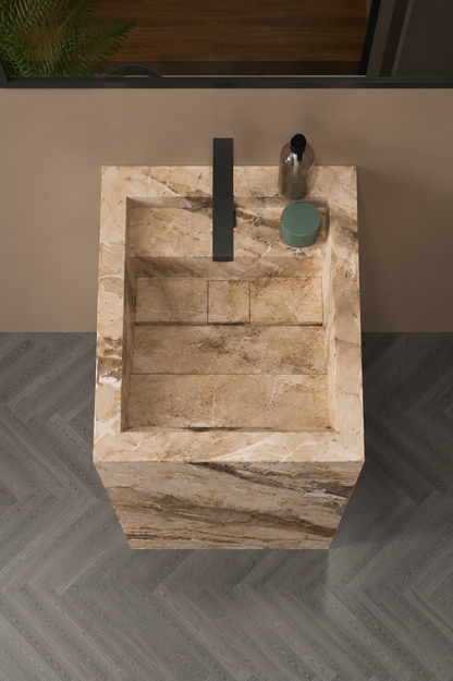 Luxury Travertine-Look Textured Solid Surface Freestanding Bathroom Sink, Modern Cylindrical Pedestal Column – NACS Collection