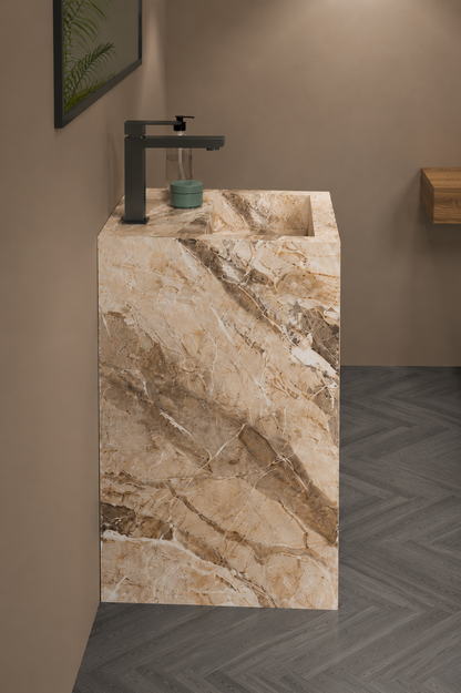 Luxury Travertine-Look Textured Solid Surface Freestanding Bathroom Sink, Modern Cylindrical Pedestal Column – NACS Collection