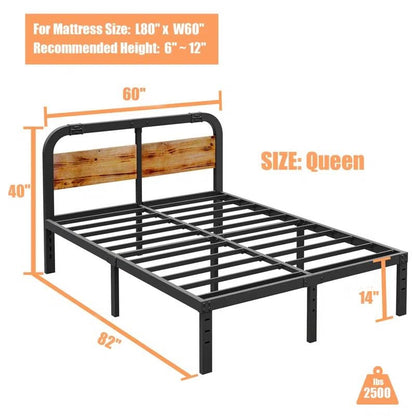Queen Heavy Duty Black Metal Bed Frame with Solid Wood Panel Headboard
