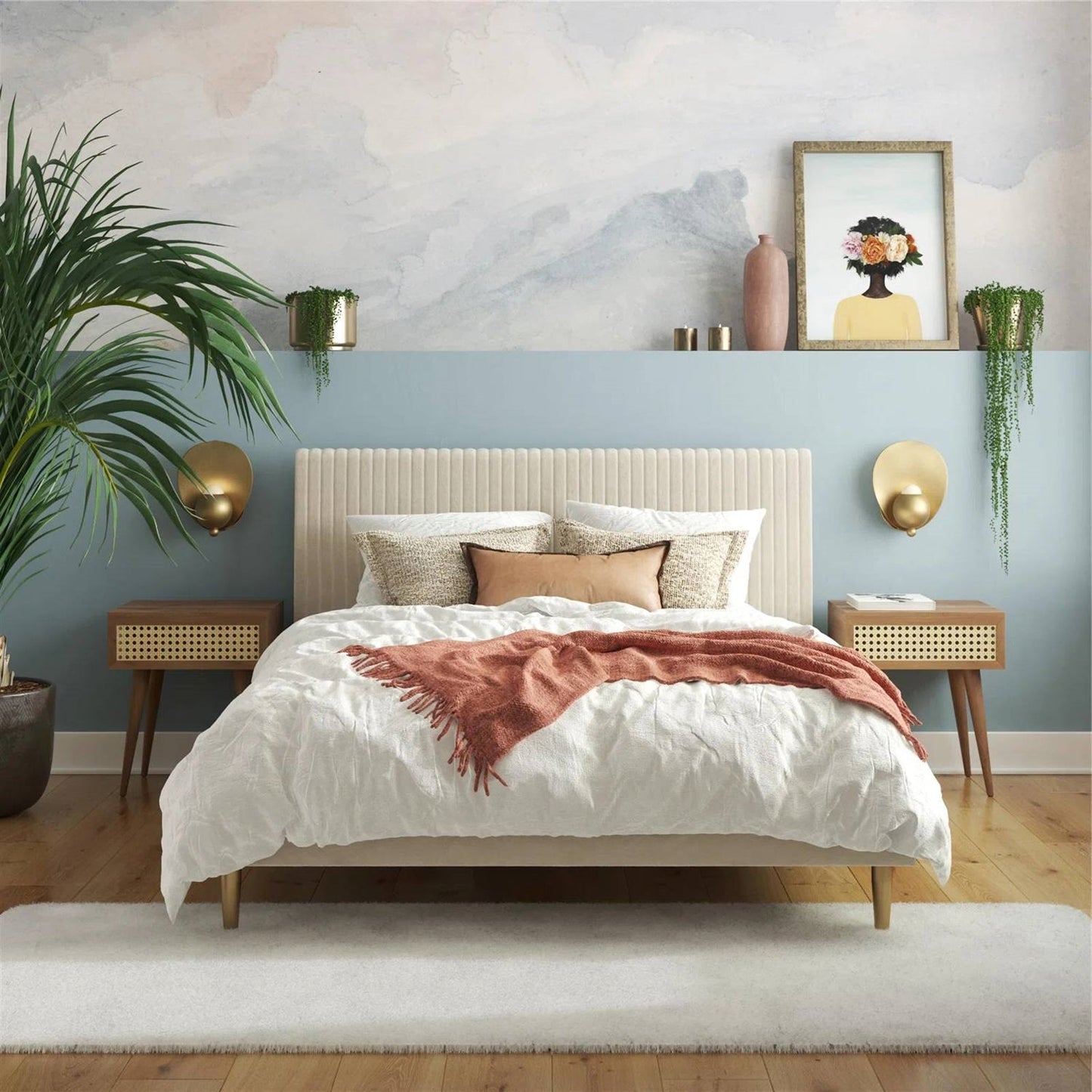 Queen Mid-Century Ivory Cream Velvet Upholstered Platform Bed with Headboard