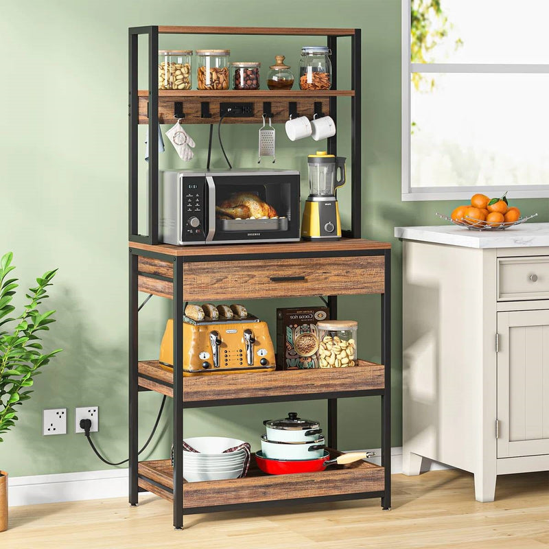 Modern Baker's Rack Shelving Unit with Pull-Out Shelves and Storage Drawer