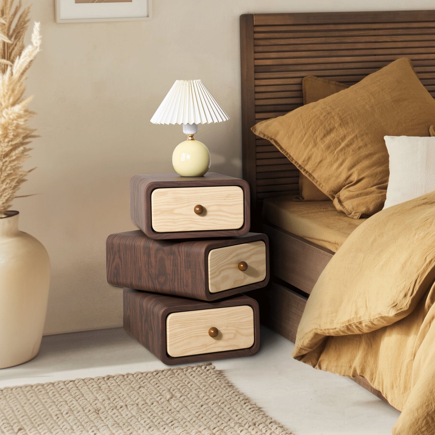 Rotatable 3-Tier Drawer Storage Cabinet, Wooden Stackable Nightstand with Drawers for Bedroom, Living Room Organization
