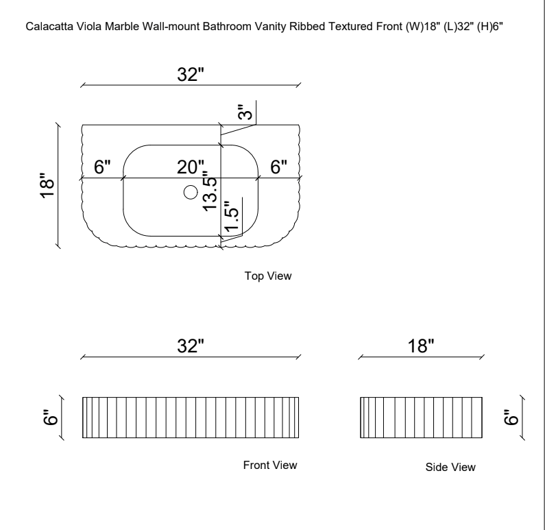 Calacatta Viola Marble Wall-mount Bathroom Vanity - Handcrafted Ribbed Textured 18x32x6