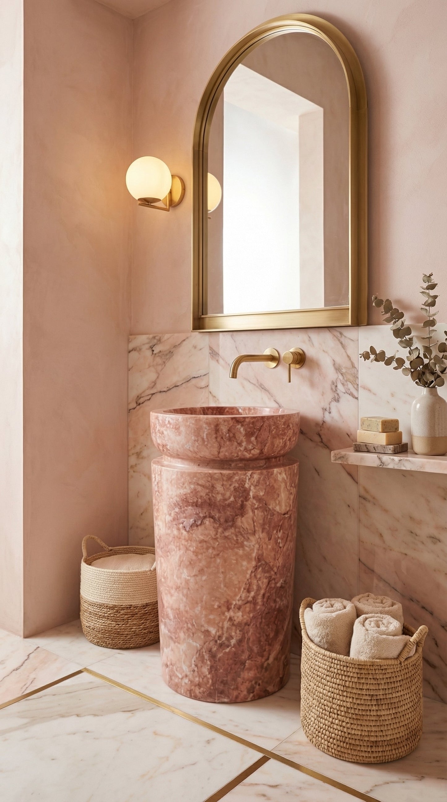 Red Travertine Designer Pedestal Stand-Alone Sink (W)18" (L)18" (H)33"