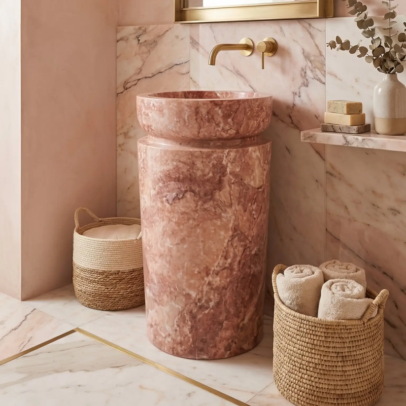 Modern Round Marble Pedestal Bathroom Sink Sculptural