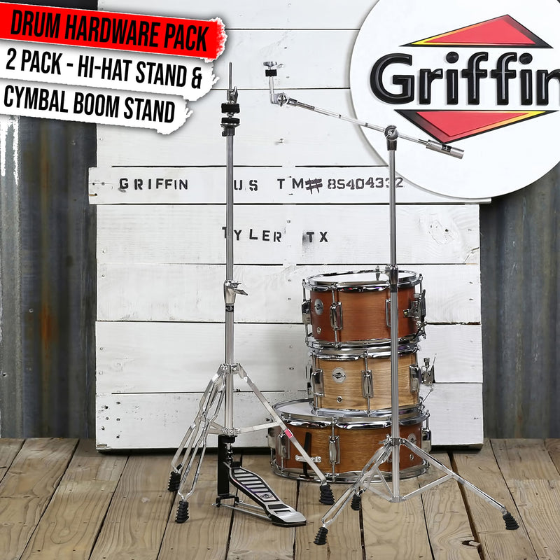 2-Pack Hi-Hat Stand & Cymbal Boom Stand Kit by GRIFFIN | Deluxe Chrome Hardware with Hi-Hat Pedal, Pull Chain & Double-Braced Legs | Counterweight Adapter for Crash, Ride, & Splash Cymbals