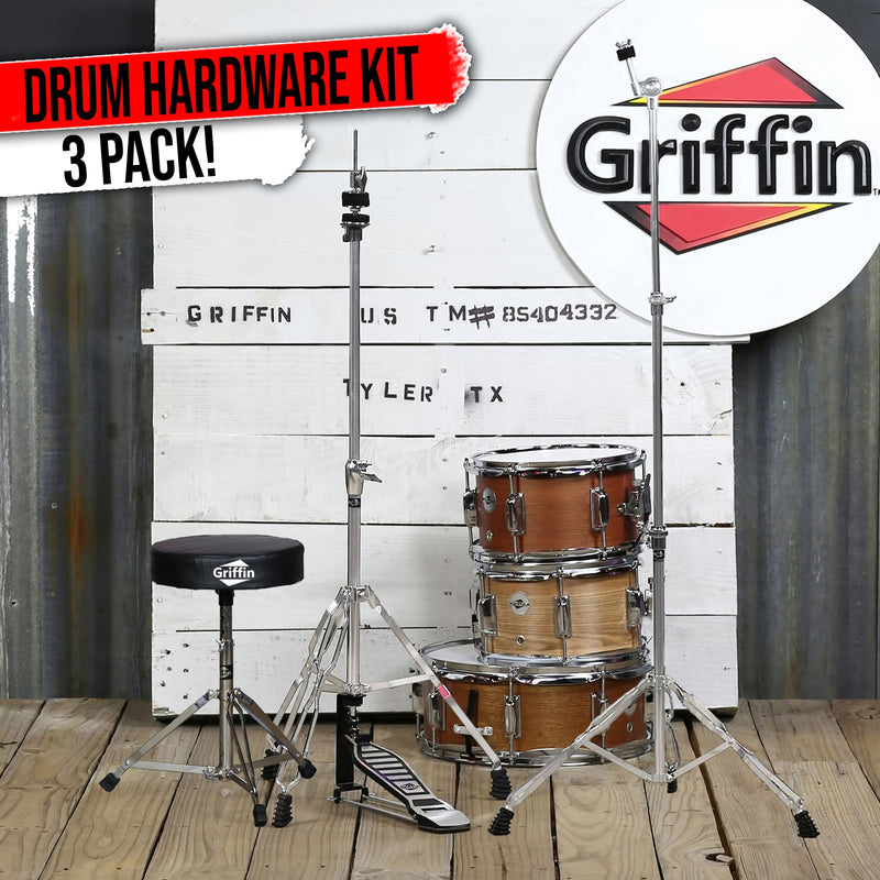 GRIFFIN Drum Hardware 3 PACK - Hi-Hat Stand, Drummers Throne Seat & Straight Cymbal Stand | Deluxe Chrome Slip-Proof Gear Holder Percussion Set for Mounting Medium-Duty Crash, Ride & Splash Cymbals