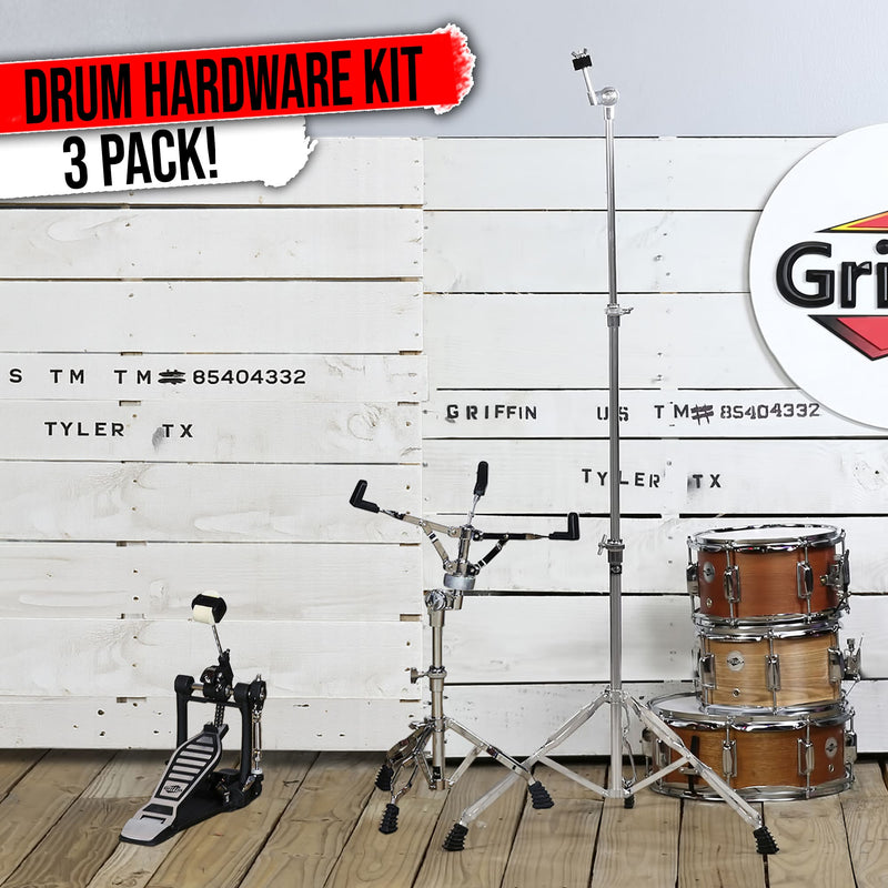 Drum Hardware Set 3 PACK by GRIFFIN - Kick Drum Pedal, Snare Stand & Straight Cymbal Stand | Deluxe Double Chain Full Steel Foot Pedal for Intense Play | Slip-Proof Gear Tilter & Clamp Basket Holder