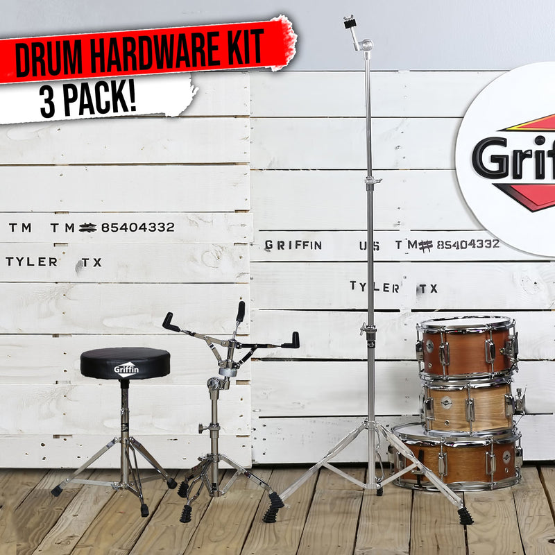 Drummers Throne Seat, Snare Drum Stand & Straight Cymbal Stand Hardware Set 3 PACK by GRIFFIN | Comfortable Percussion Chair for Adults | Light Weight Mount for Standard Drums, Tom-Toms & Practice Pad