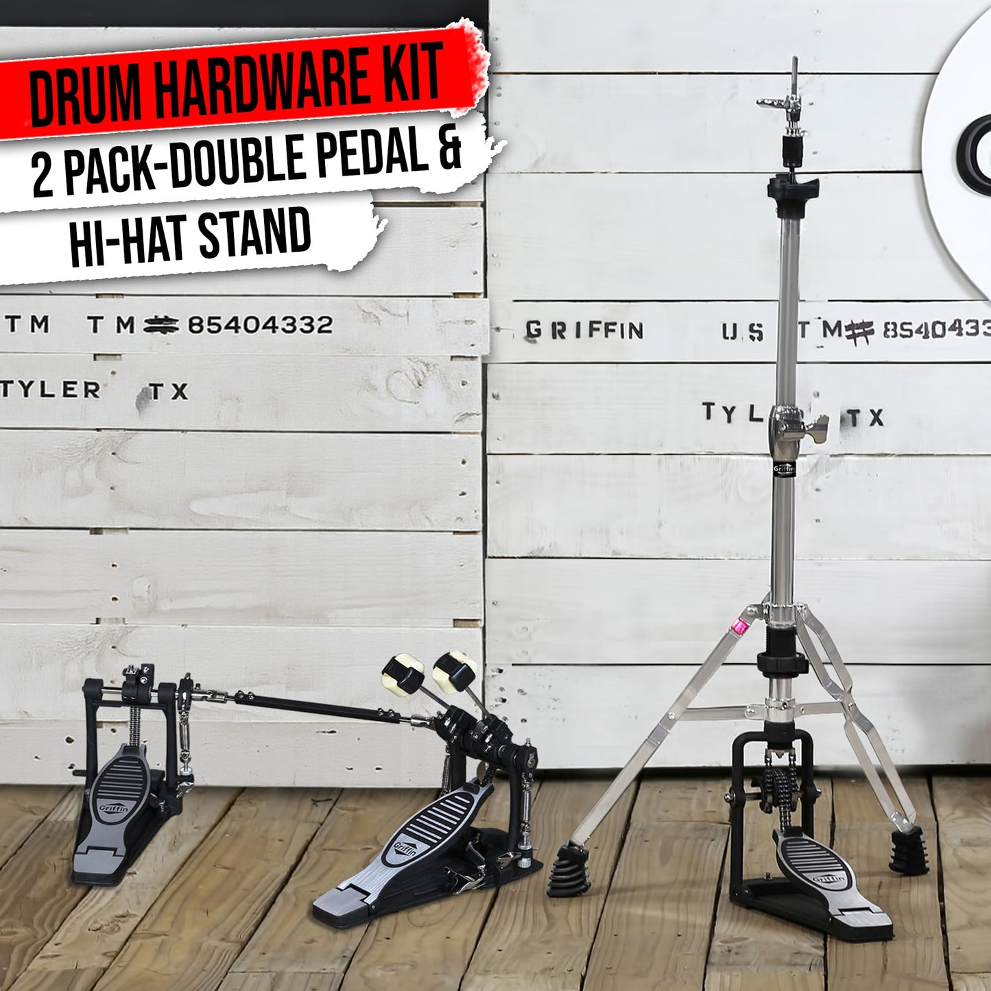 GRIFFIN Deluxe 2-Pack Drum Hardware Kit - Double Kick Drum Bass Pedal & 2-Legged Premium Hi-Hat Stand | Quad Sided Beater Head | Dual Chain Drive System | Impressive Response for Metal & Rock Drummers