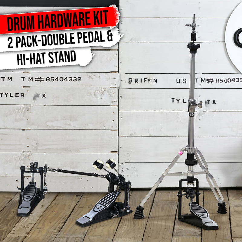 GRIFFIN Deluxe 2-Pack Drum Hardware Kit - Double Kick Drum Bass Pedal & 2-Legged Premium Hi-Hat Stand | Quad Sided Beater Head | Dual Chain Drive System | Impressive Response for Metal & Rock Drummers