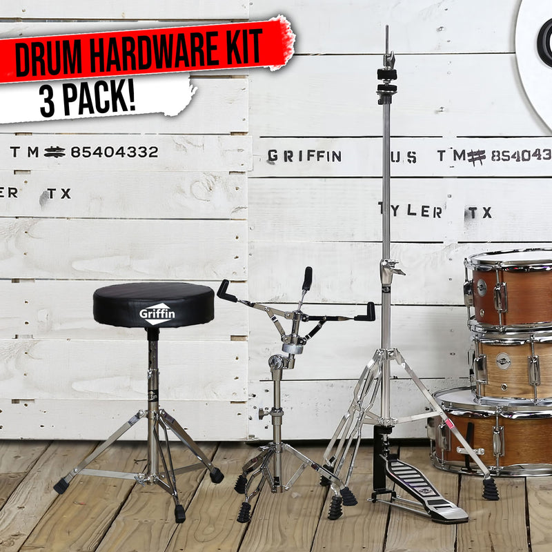 Hi-Hat Stand, Drummers Throne Seat & Snare Stand - 3 PACK Drum Hardware Set by GRIFFIN | Deluxe Chrome Slip-Proof Gear Holder Percussion Kit for Mounting Hihat Cymbals, and Snare Drums