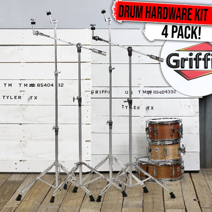 4-PACK Cymbal Boom Stand & Straight Cymbal Stand Combo Set by GRIFFIN | Percussion Drum Hardware Kit for Mounting & Holding Crash, Ride, Splash Cymbals | Arm Counterweight Adapter & Double Braced Legs