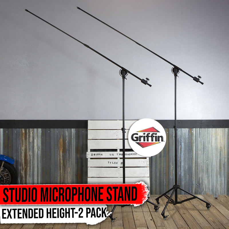 2 PACK - Professional Studio Microphone Boom Stand with Wheels by GRIFFIN | Extended Reach Height Mic Holder for Recording & Stages | Tall Telescoping Arm Mount & Retractable Tripod Legs on Casters