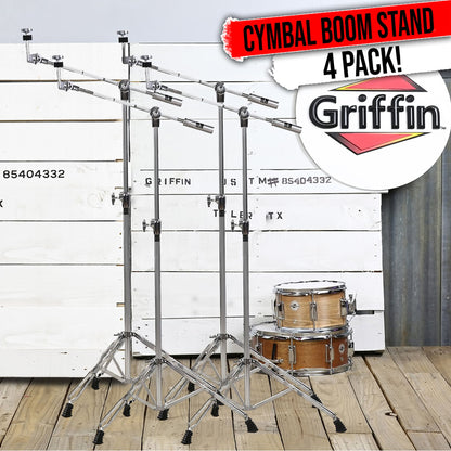 4 PACK Cymbal Boom Stands by GRIFFIN | Drum Kit Percussion Gear Chrome Hardware Set with Double Braced Tripod Legs | Drummers Counterweight Adapter for Mounting Heavy Duty Crash, Ride, Splash Cymbals