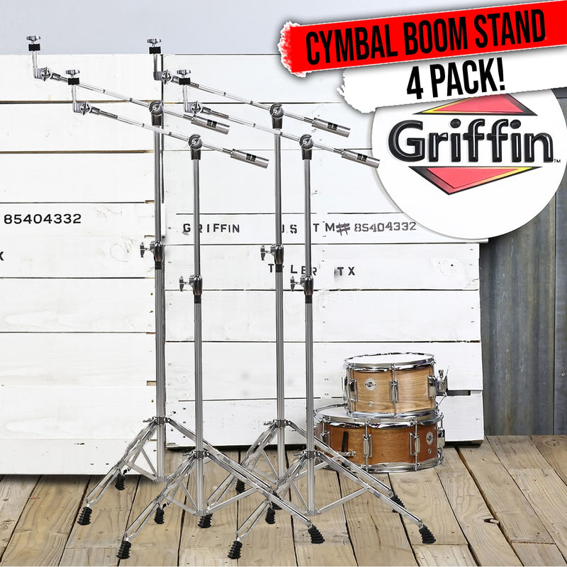4 PACK Cymbal Boom Stands by GRIFFIN | Drum Kit Percussion Gear Chrome Hardware Set with Double Braced Tripod Legs | Drummers Counterweight Adapter for Mounting Heavy Duty Crash, Ride, Splash Cymbals