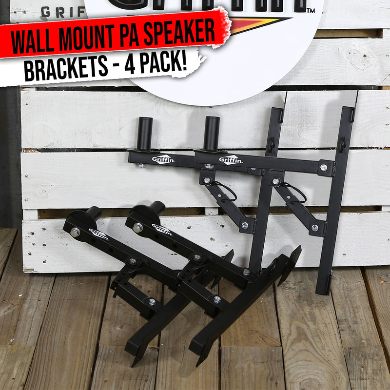 4-PACK Wall Mount Brackets for PA Speakers By GRIFFIN | Securing Locking Pin & 3 Horizontal Level Tilt Adjustments | DJ On Stage Studio Monitor Stands | All Steel Pro-Audio Speaker 35mm Pole Holder
