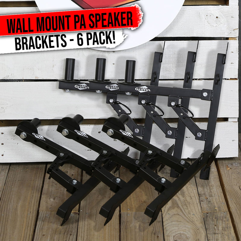 6-PACK PA Speaker Wall Mount Bracket Stands By GRIFFIN | All Steel Pro-Audio Speaker 35mm Pole Holder | Securing Locking Pin & 3 Horizontal Level Tilt Adjustments | DJ On Stage Studio Monitor Holders