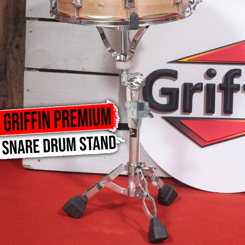 Heavy-Duty Snare Drum Stand by Griffin | Premium Double Braced Percussion Hardware Kit |Weight Mount for Snares, Tom Drums & Practice Pad | Adjustable Height & Tilting Gear Clamp Style Basket Holder