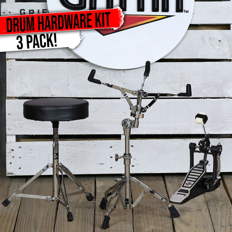 GRIFFIN 3 Pack Set- Single Kick Bass Pedal, Drum Throne & Snare Stand Set by GRIFFIN | Double Chain Foot Percussion Hardware Kit for Intense Play | Comfortable Drum Seat Percussion Chair for Adults