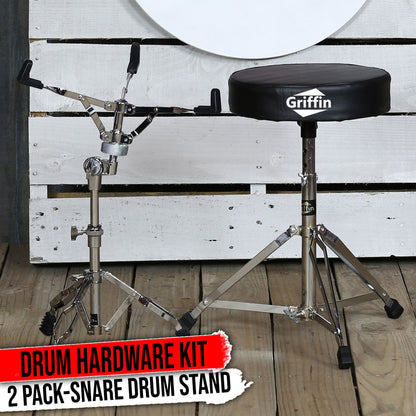 Snare Stand & Drum Throne 2-PACK Set by GRIFFIN | Percussion Chrome Hardware Kit & Double Braced Light-Weight Mount for Standard Snares, Tom-Toms & Practice Pad | Slip-Proof Gear Tilter & Clamp Holder